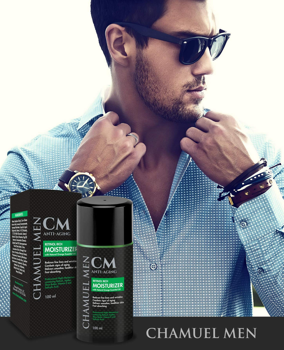 CHAMUEL MEN pore-detox concept hints at clearer pores after use.