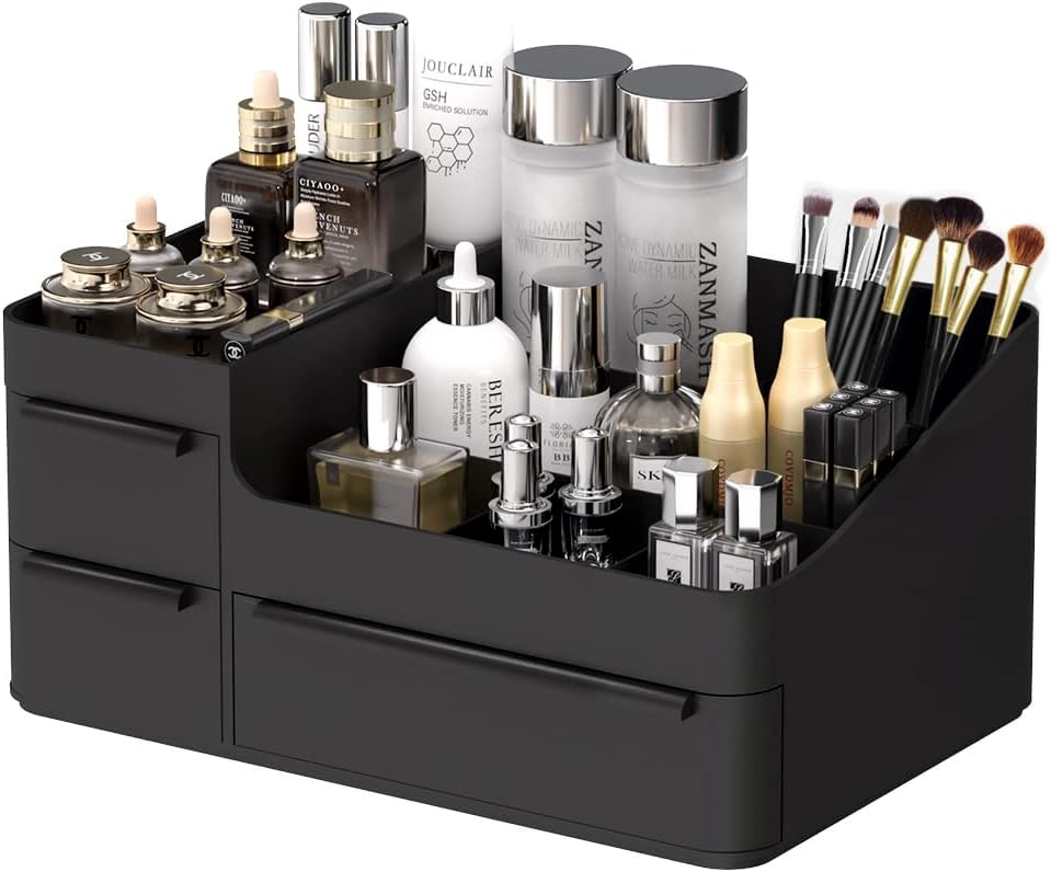 CHANCETSUI makeup organizer on vanity with drawer keeps cosmetics neatly accessible.