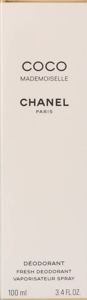 Chanel Coco Mademoiselle deodorant spray bottle with jasmine and bergamot scent for all-day freshness.