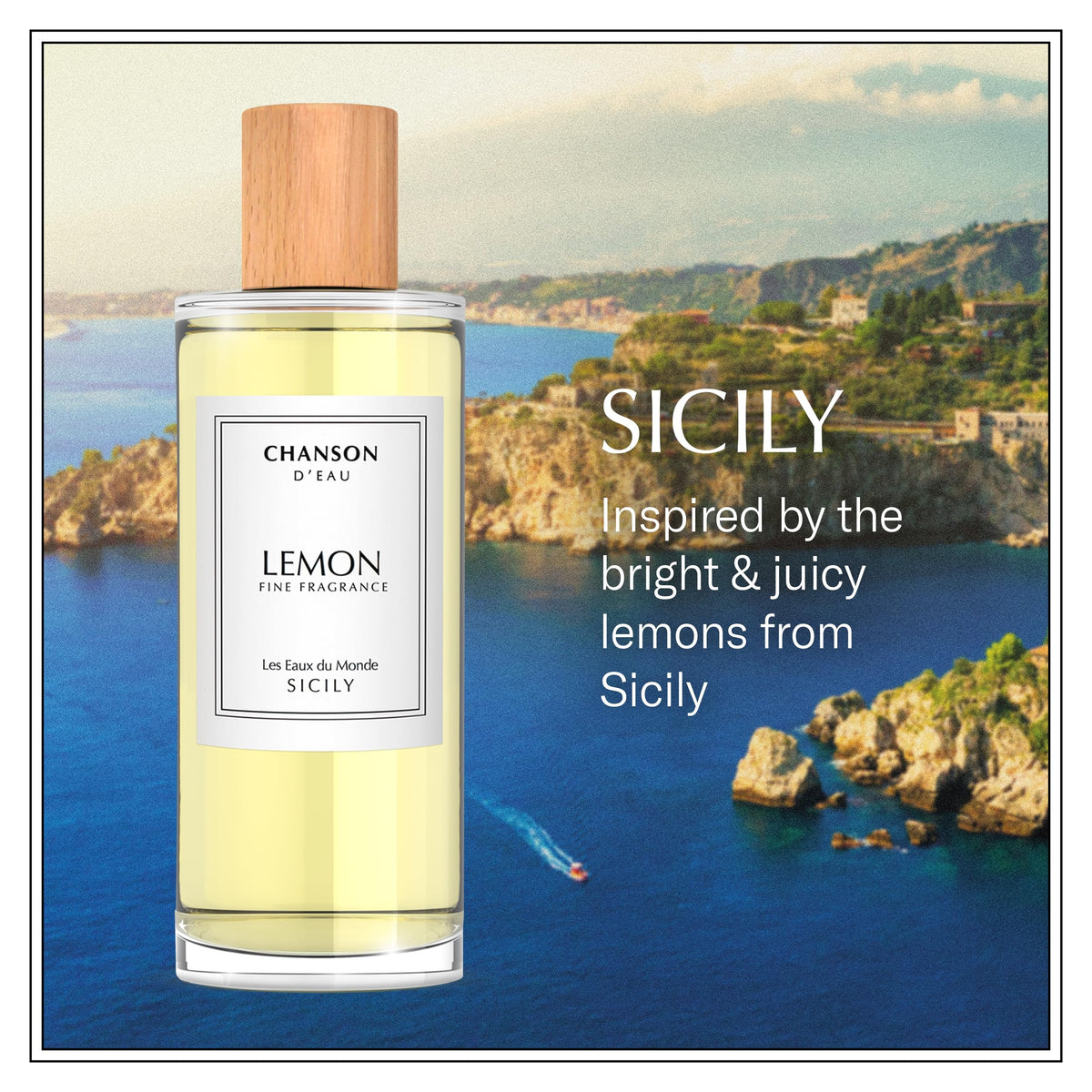 Chanson d'Eau Lemon cap close-up highlights premium packaging ideal for travel.