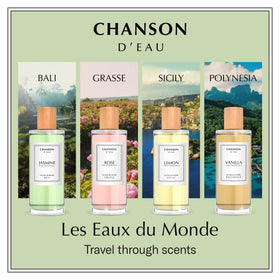 CHANSON D'EAU Vanilla flacon closeup, sleek glass bottle design.