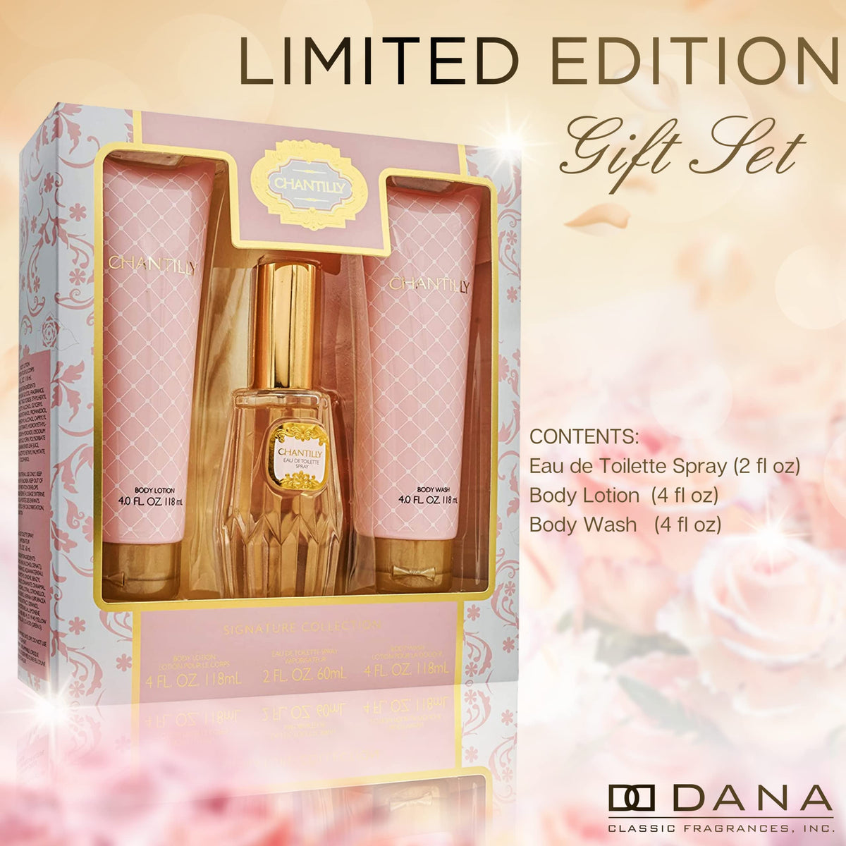 Chantilly Eau de Toilette 2oz bottle closeup for lasting fragrance appeal.