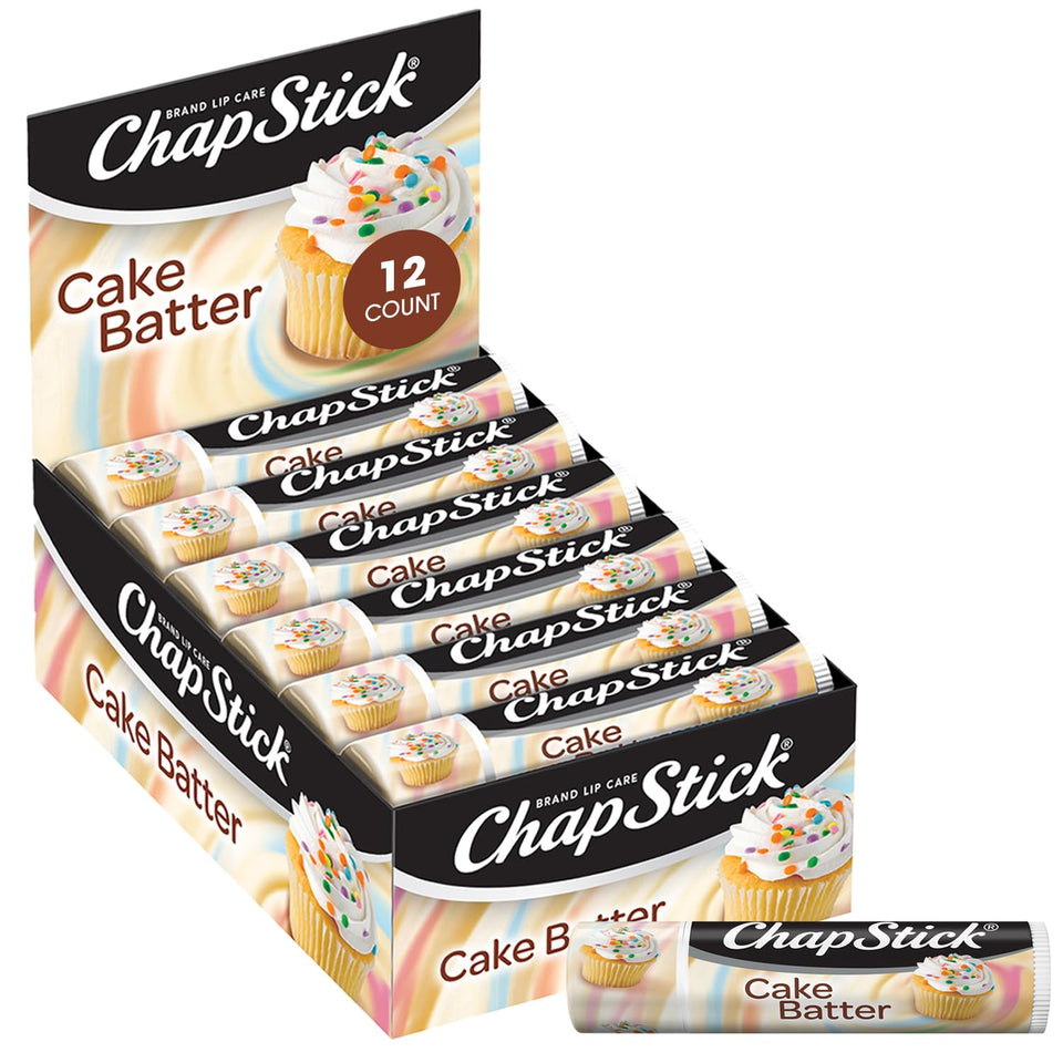 ChapStick Cake Batter lip balm tube front close-up for smooth lips all day