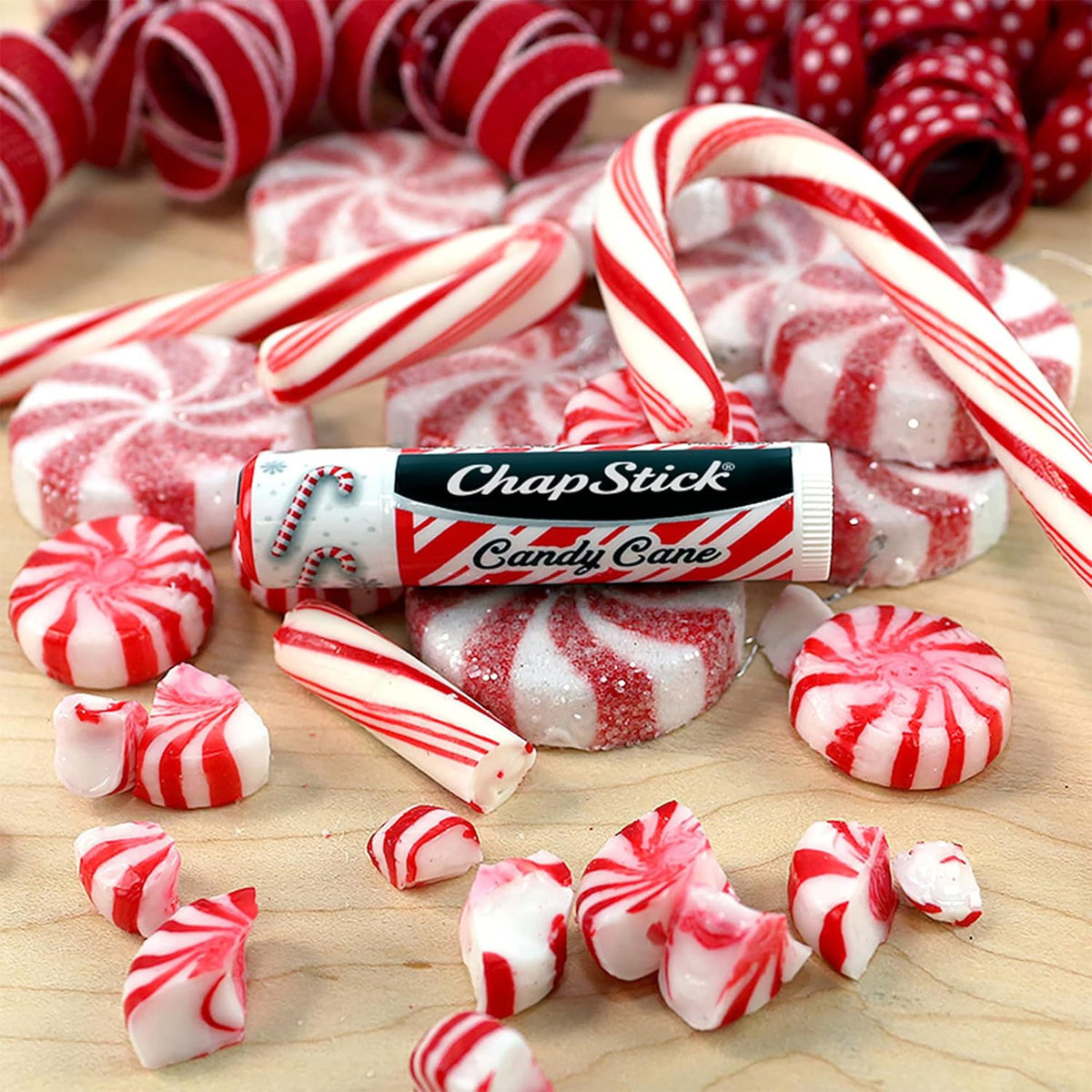 ChapStick Candy Cane lip balm tube closeup highlights minty scent