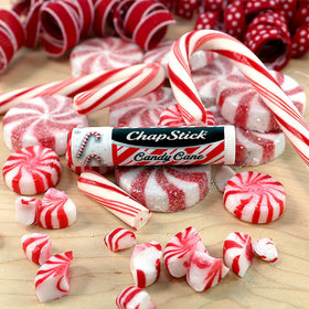 ChapStick Candy Cane lip balm tube closeup highlights minty scent
