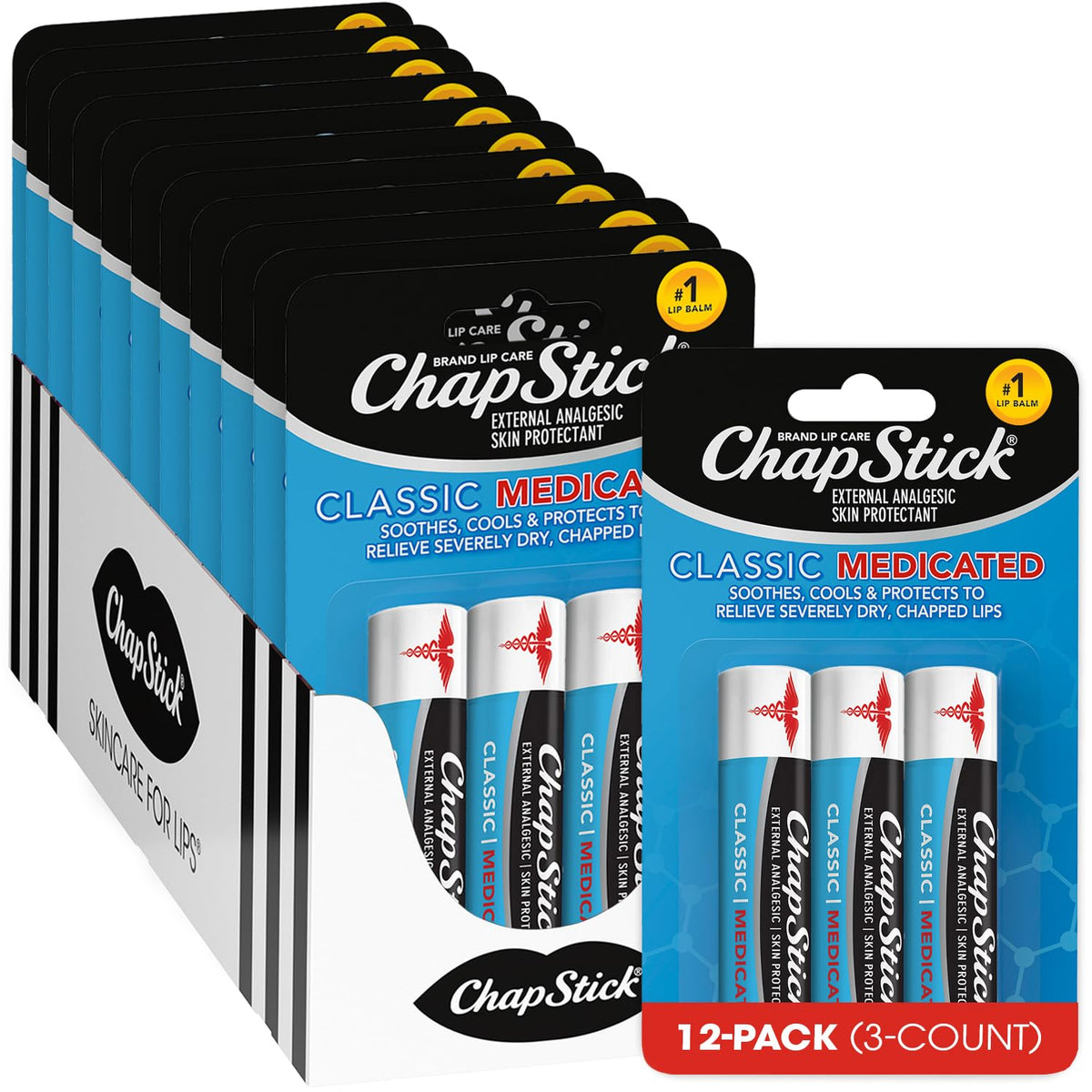 ChapStick Classic Medicated 3-pack tubes displayed for bulk lip care.