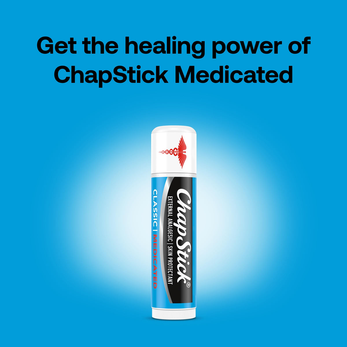 ChapStick Classic Medicated tube closeup shows smooth glide for dry lips.