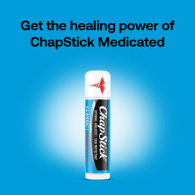 ChapStick Classic Medicated tube closeup shows smooth glide for dry lips.