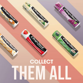 ChapStick Classic Strawberry balm application closeup shows easy glide on lips.