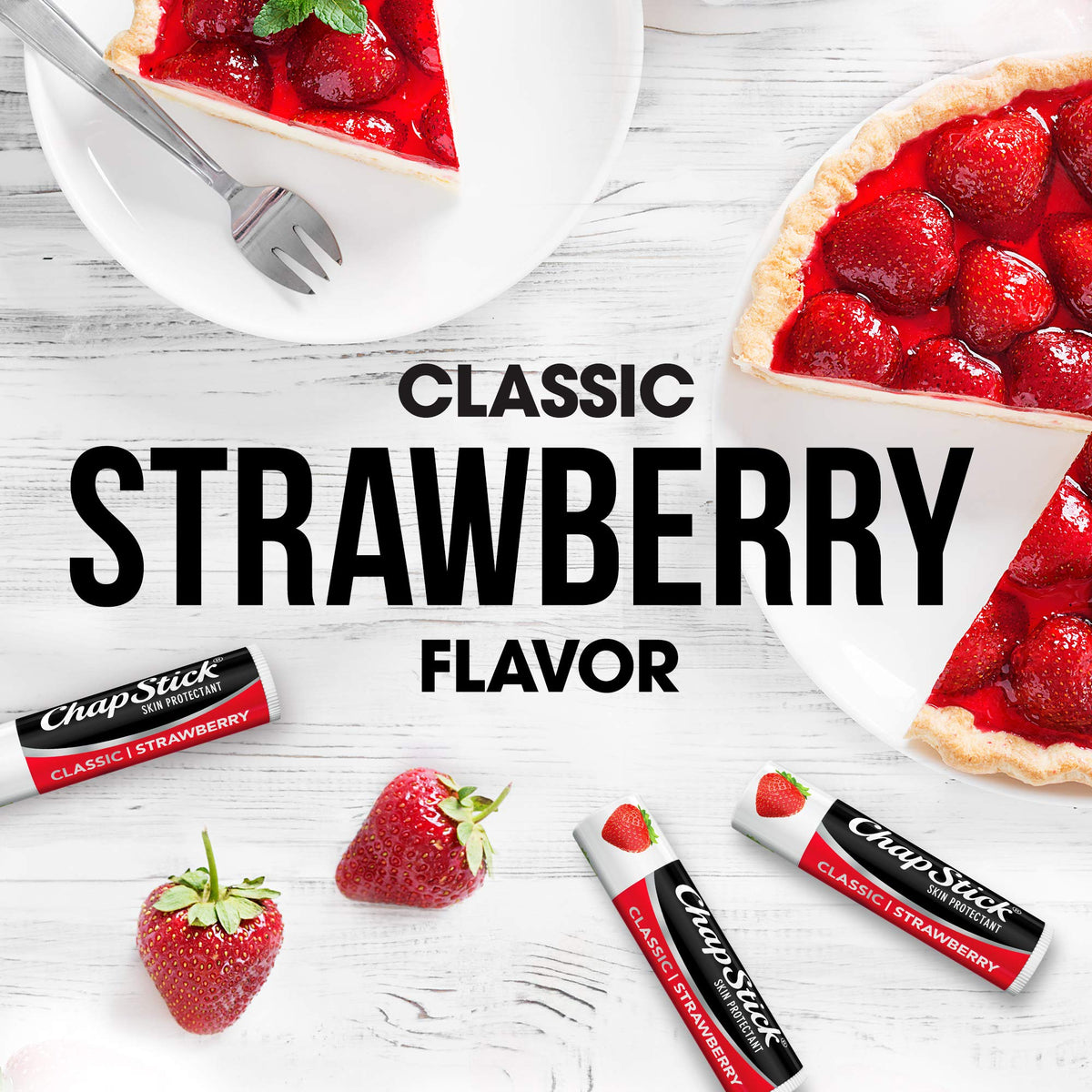 ChapStick Classic Strawberry balm packaging highlights a trusted American lip care staple.