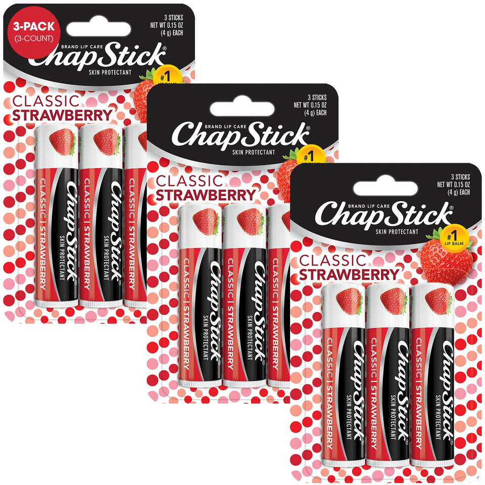 ChapStick Classic Strawberry balm tube offers everyday lip moisture with a sheer tint.