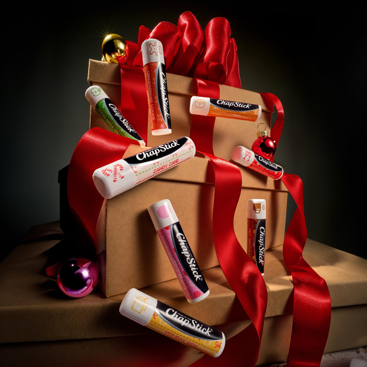 ChapStick holiday flavors lineup includes candy cane and hot chocolate for warm lips.
