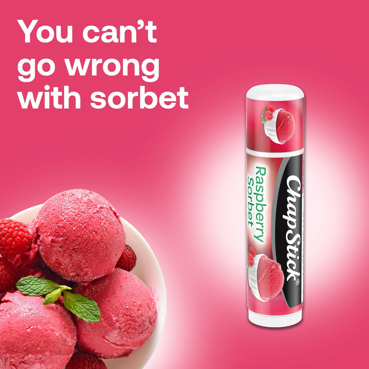 ChapStick Raspberry Sorbet glide-on balm on lips, lightly tinted.