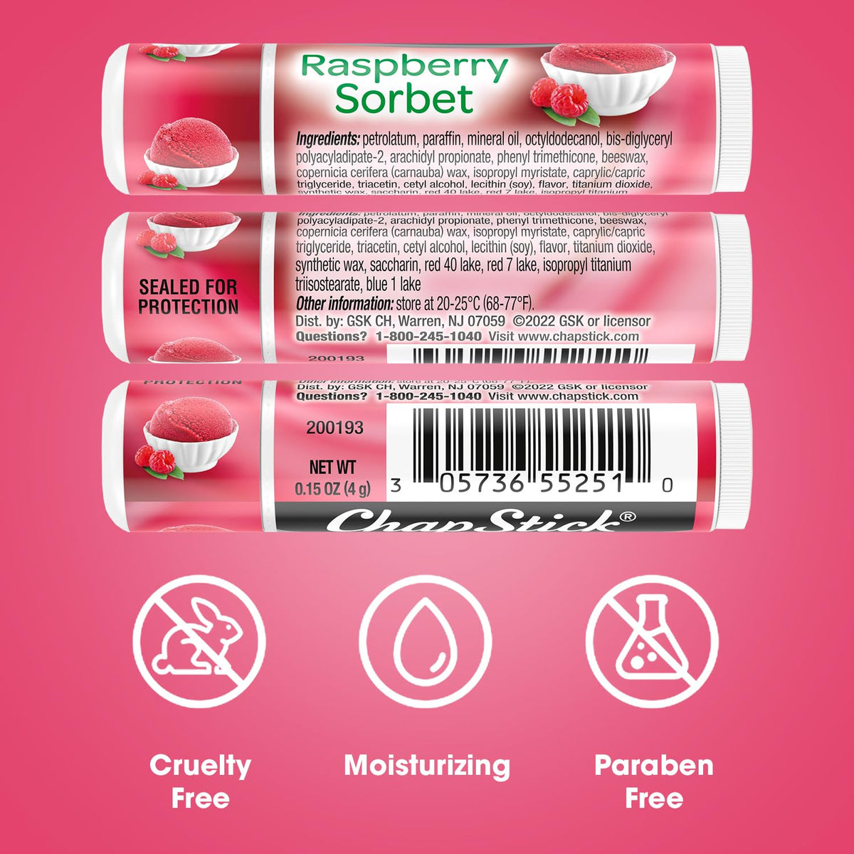 ChapStick Raspberry Sorbet tint swatches show subtle color and shine.