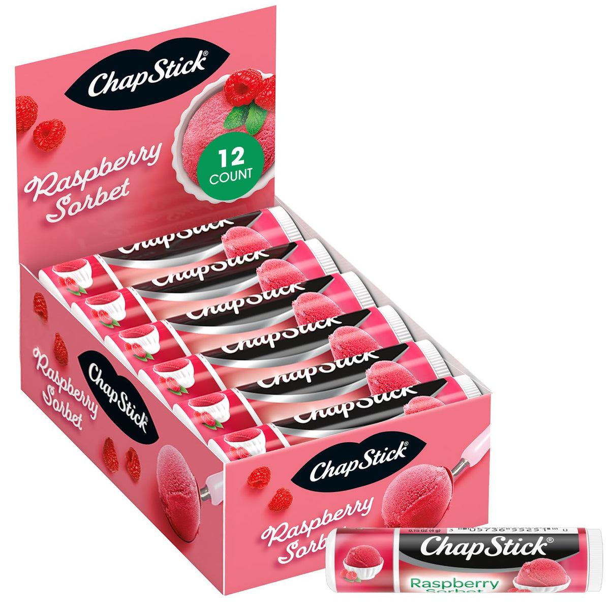 ChapStick Raspberry Sorbet lip moisturizer tube, front view, smooth lips.