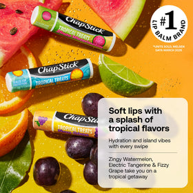 ChapStick Tropical Treats Electric Tangerine balm-application highlights smooth glide and quick lip comfort.