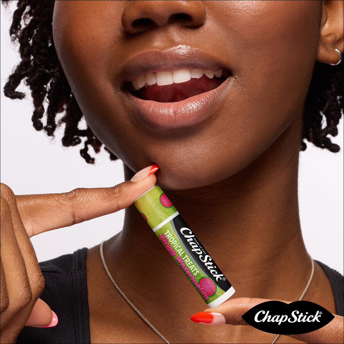 ChapStick Tropical Treats Zingy Watermelon balm-application offers refreshing finish and hydration.