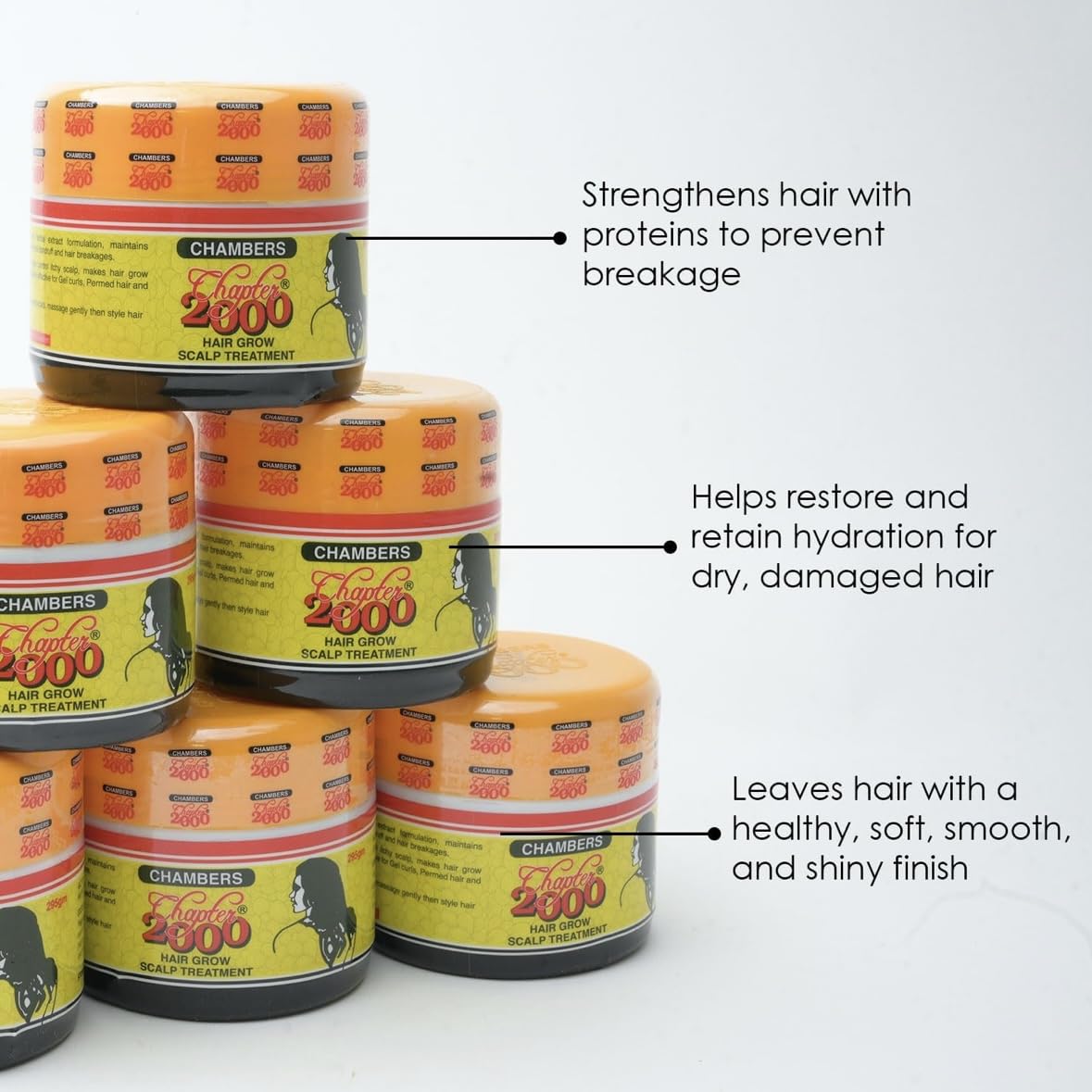 Chapter 2000 ingredients image highlights lanolin and sulfur benefits for scalp moisture.