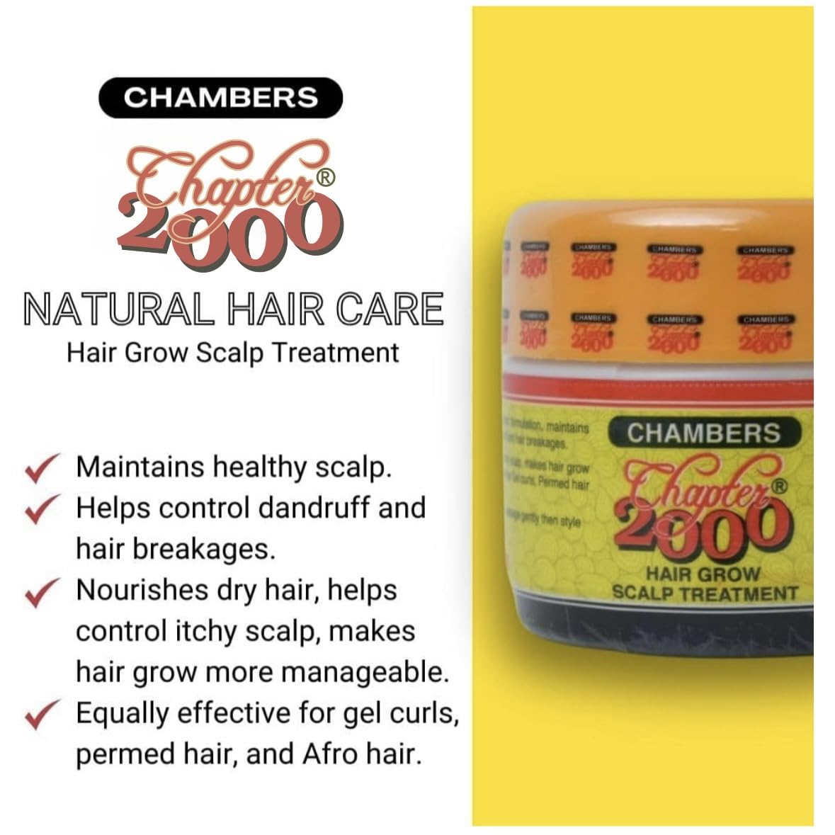 Chapter 2000 Hair Grow Scalp Treatment jar showcases nourishing formula for softer hair.