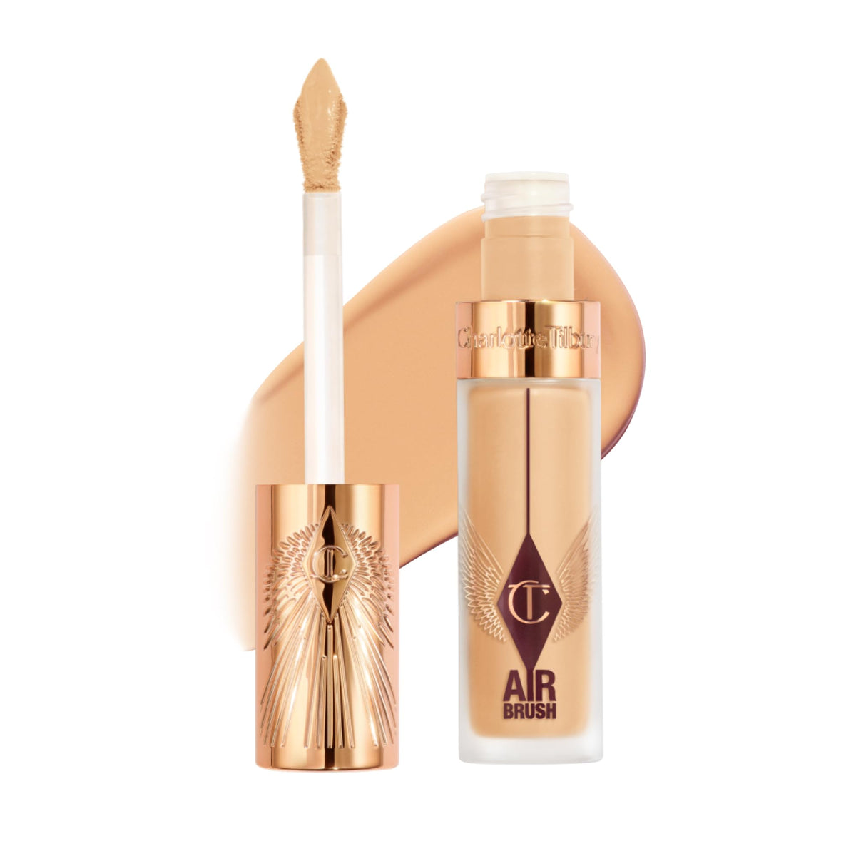 Charlotte Tilbury AIRbrush Flawless Blur Concealer tube close-up shows premium packaging and shade variety.
