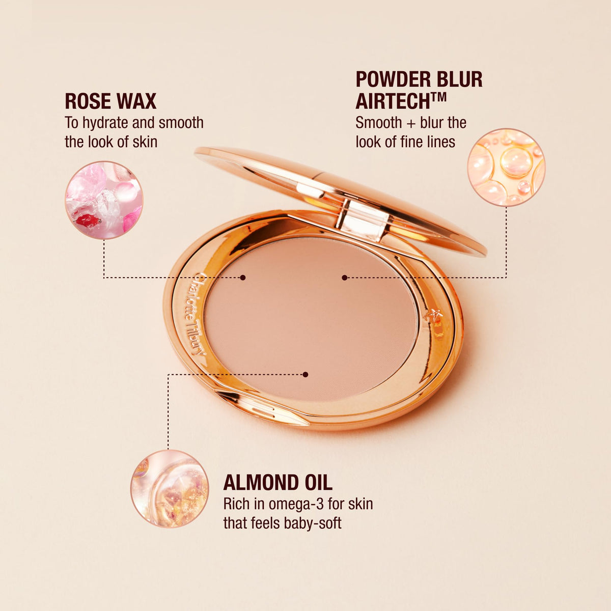 Charlotte Tilbury powder brush application across the center of the face.