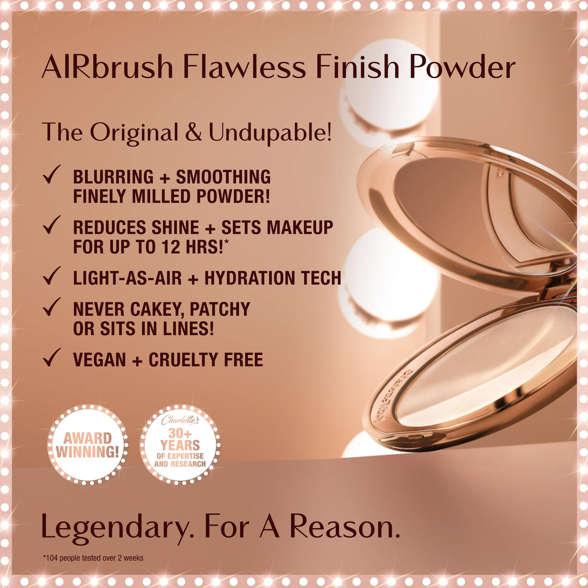 Charlotte Tilbury powder with rose-wax ingredient close-up highlighting moisture retention.
