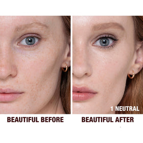 Charlotte Tilbury Beautiful Skin Foundation swatch on fair neutral skin for natural tone.