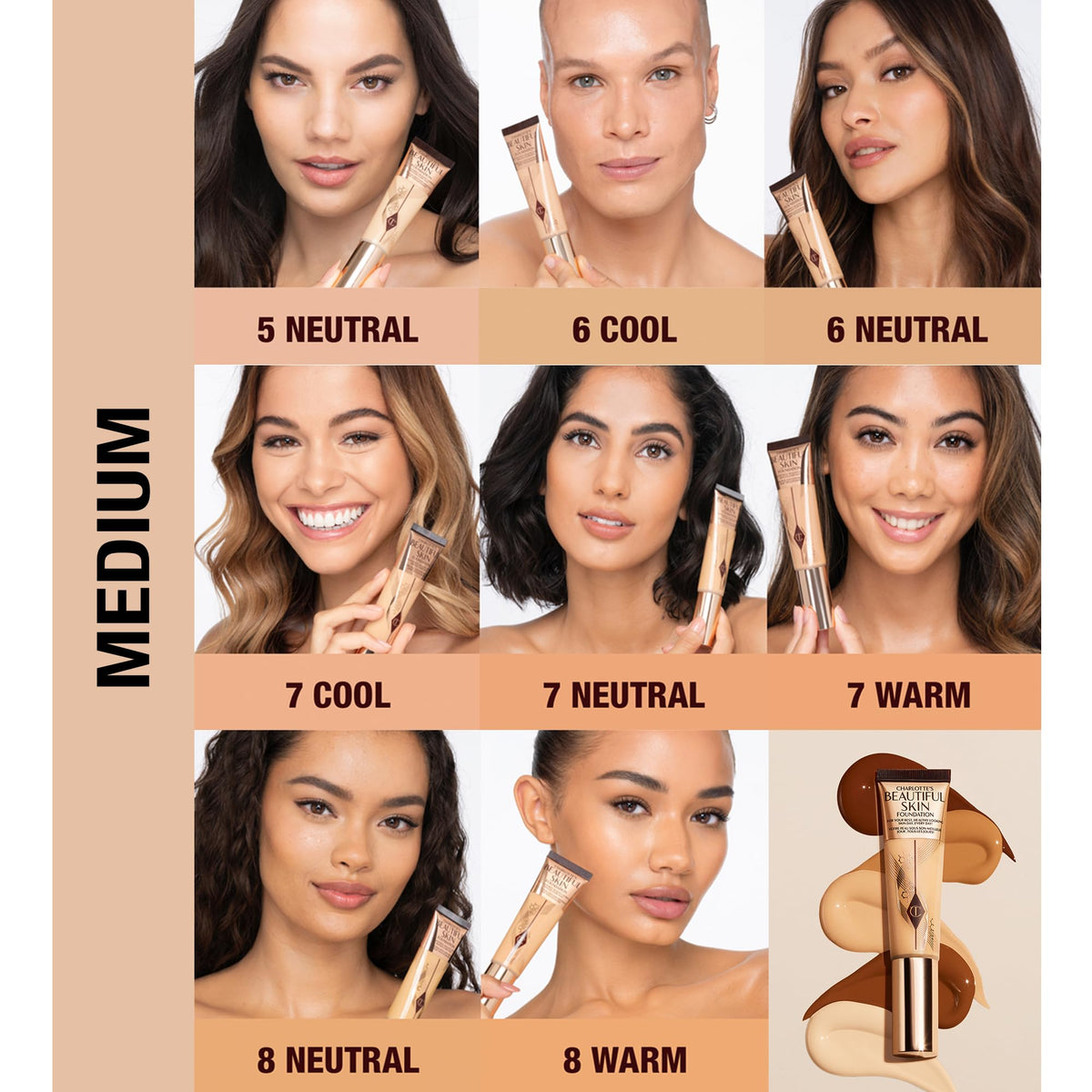 Swatch of Beautiful Skin Foundation reveals medium shade with neutral undertone.