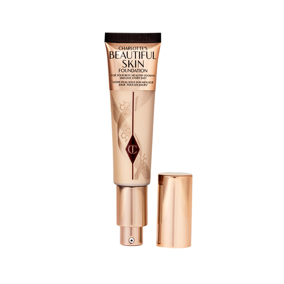 Charlotte Tilbury Beautiful Skin bottle close-up highlighting glow and hydration