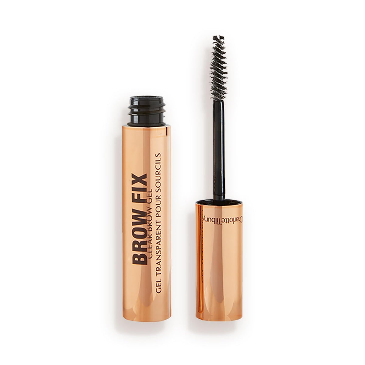 Charlotte Tilbury Brow Fix application image shows precise brush lifting brows for a defined, 24-hour hold.