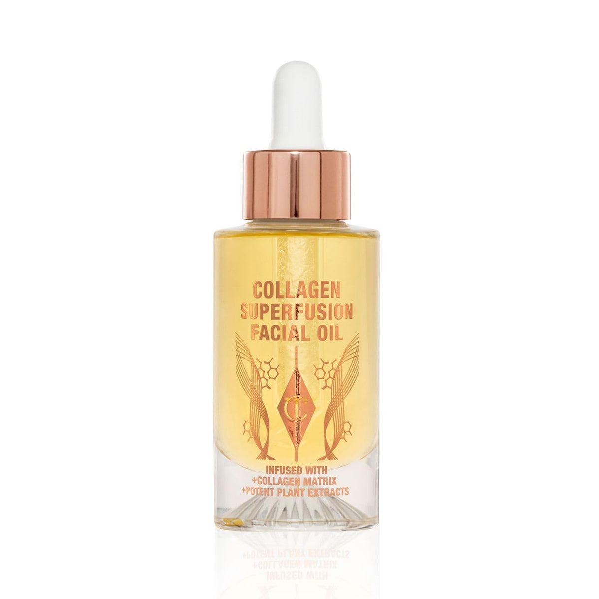 Charlotte Tilbury Collagen Superfusion face oil bottle delivering radiant, nourished skin.