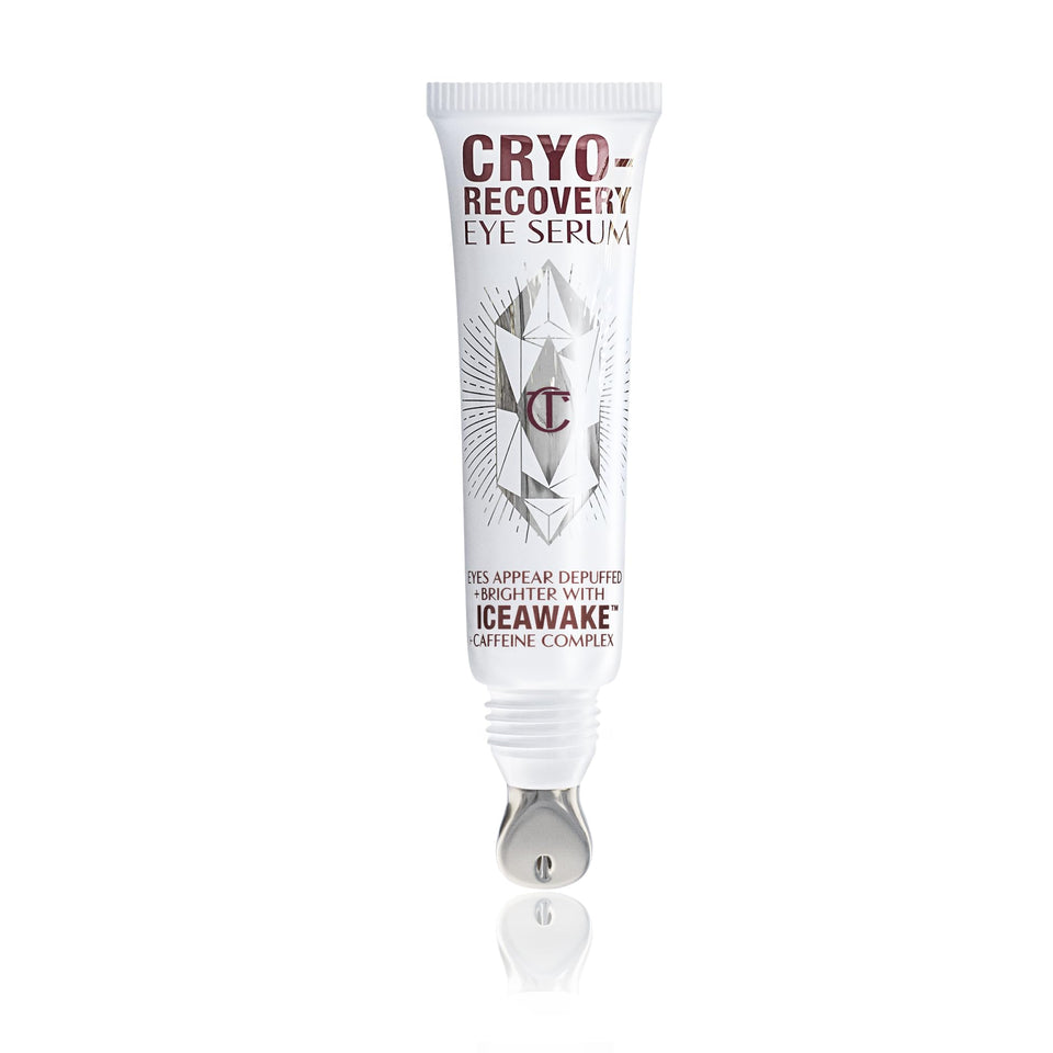 Charlotte Tilbury Cryo-Recovery Eye Serum with cooling metal applicator for instant depuffing.