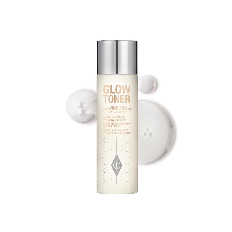 Charlotte Tilbury Glow Toner bottle closeup for daily skin prep and brightness.