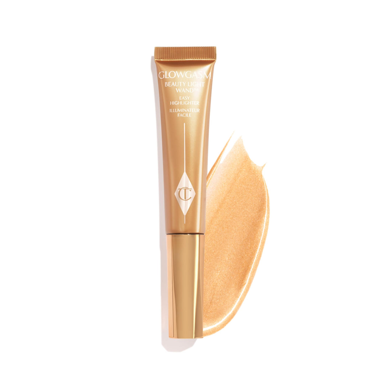 Charlotte Tilbury Glowgasm Beauty Light Wand pours a pearlescent glow onto the cheekbones.