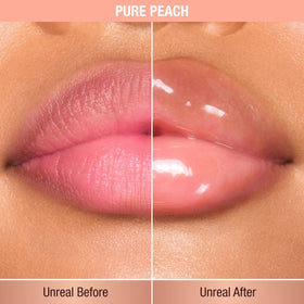 Lip oil applicator in use delivering a seamless one-swipe glassy finish.