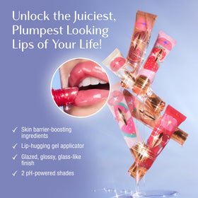 High-shine glaze on peach-toned lips creates a versatile look.