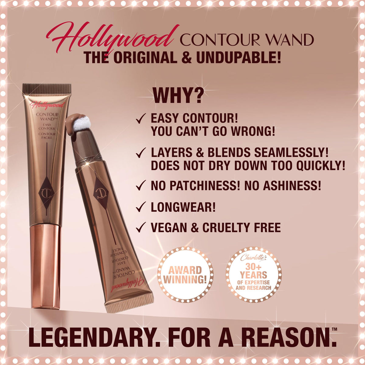 Charlotte Tilbury Hollywood Contour Wand applying dots on cheek hollows for definition.