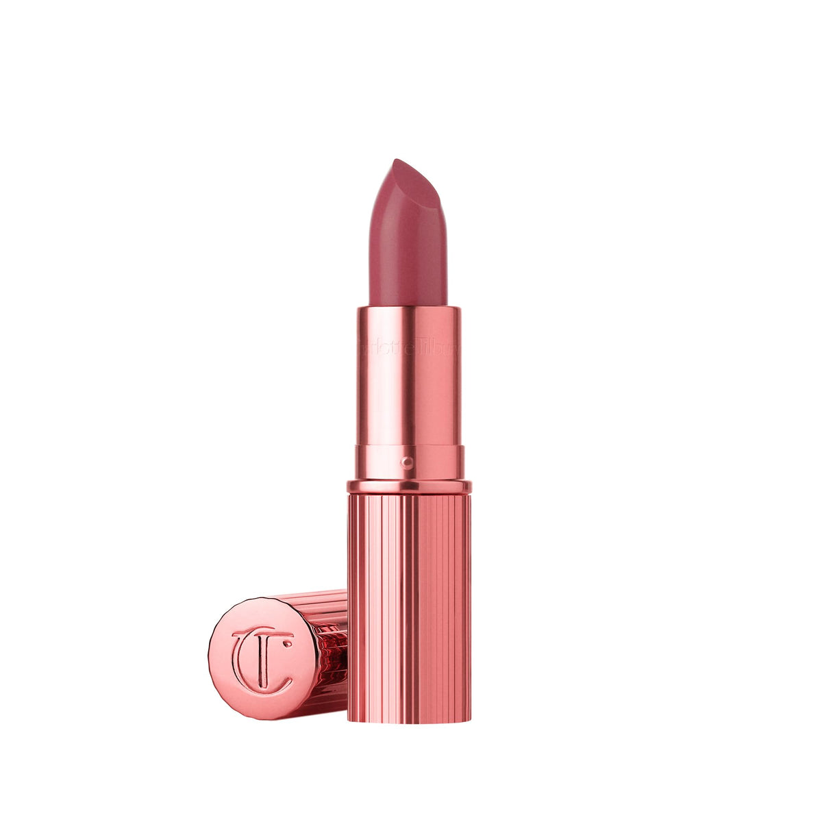 Charlotte Tilbury Kissin g Lipstick 90s Pink tube with satin glow on display