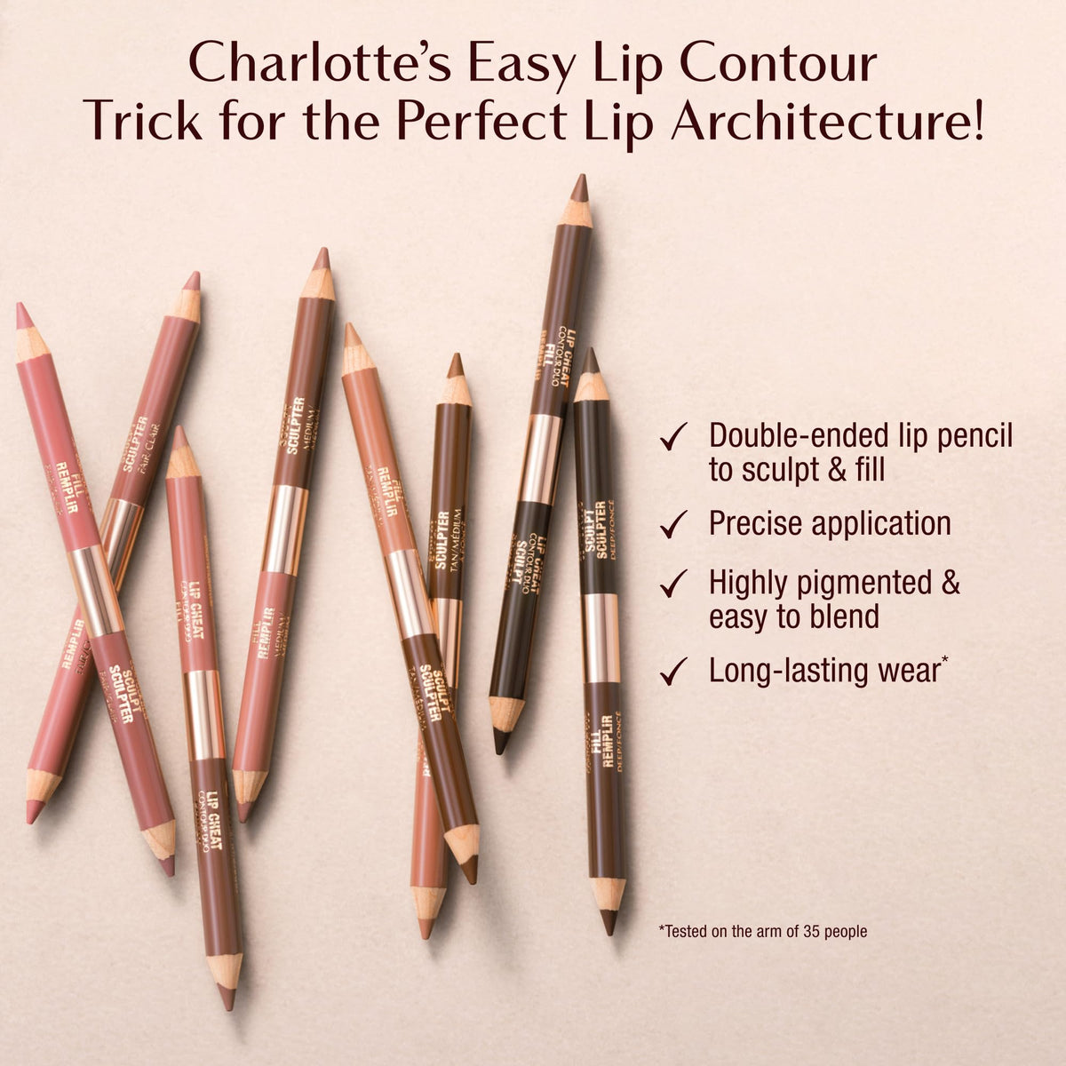 Dual-ended Lip Cheat by Charlotte Tilbury enhances 90s nude lips with natural contour.