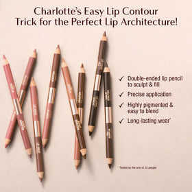 Dual-ended Lip Cheat by Charlotte Tilbury enhances 90s nude lips with natural contour.