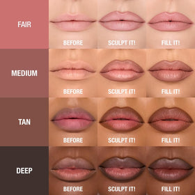 Lip Cheat Contour Duo demonstrates outer lip outlining and inner fill technique.