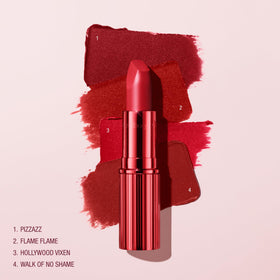 Pizzazz blue-red shade creates high-impact, statement lipstick look.