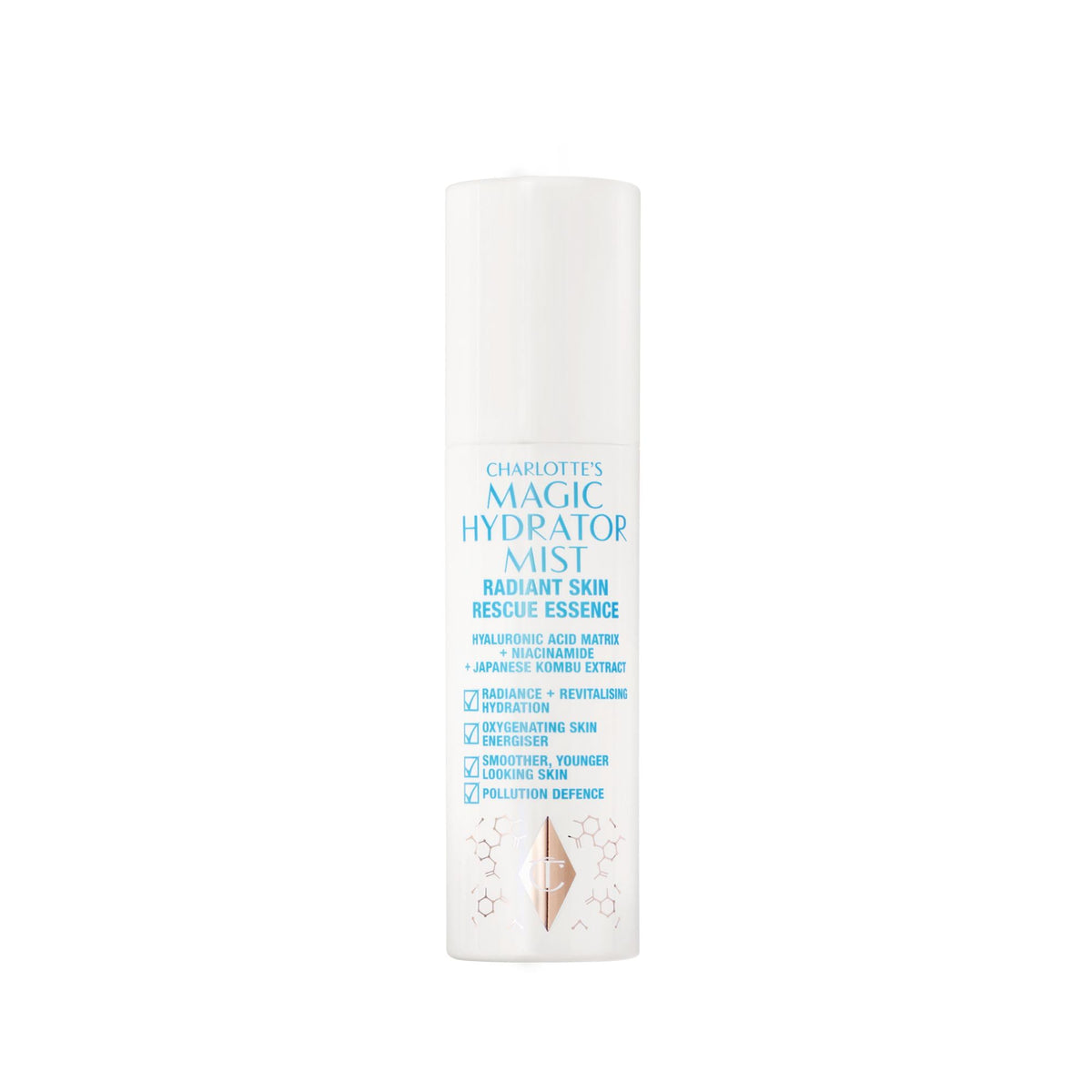 Charlotte Tilbury Magic Hydrator Mist bottle ready to hydrate skin for a dewy glow.
