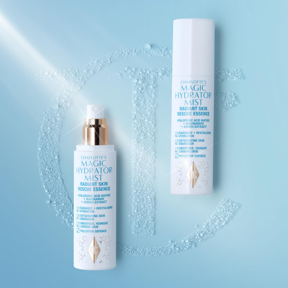 Hold bottle at 6–8 inches to mist evenly on cleansed skin with Charlotte Tilbury.
