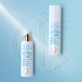 Hold bottle at 6–8 inches to mist evenly on cleansed skin with Charlotte Tilbury.