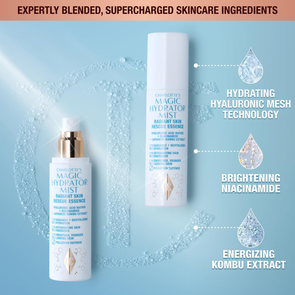 Charlotte Tilbury Magic Hydrator Mist spray applying refreshing, makeup-ready finish.