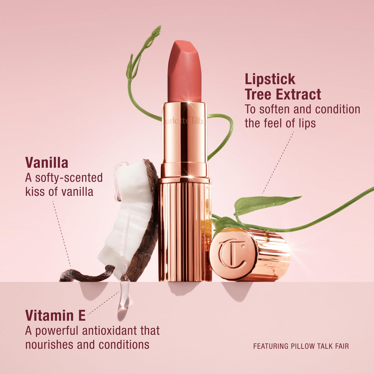 Hydrating Matte Revolution formula with Lipstick Tree Extract nourishes lips.