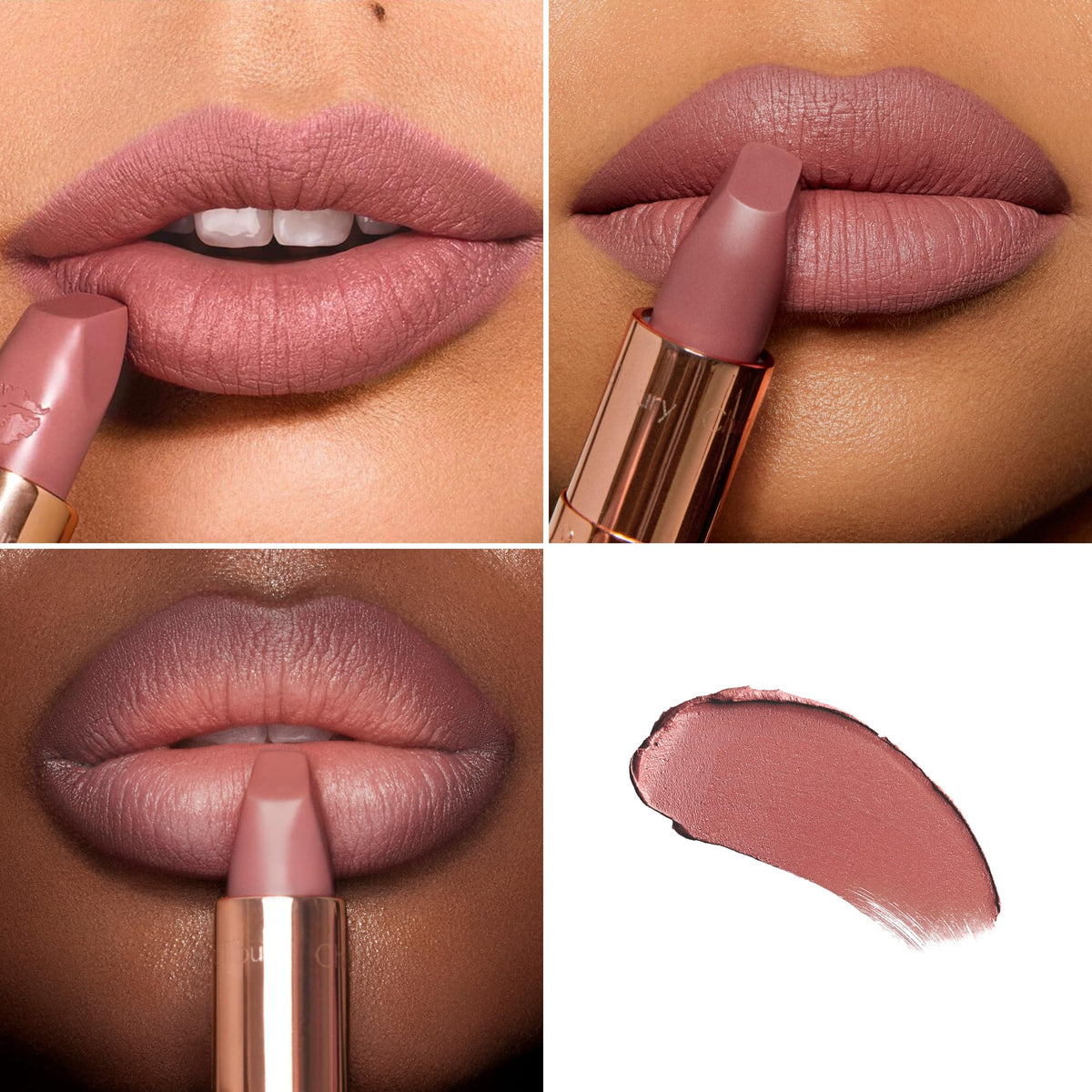 Charlotte Tilbury Very Victoria lip swatch shows buildable matte shade.