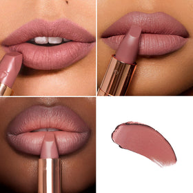 Charlotte Tilbury Very Victoria lip swatch shows buildable matte shade.