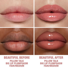 Charlotte Tilbury Pillow Talk Big Lip Plumpgasm application on lips.
